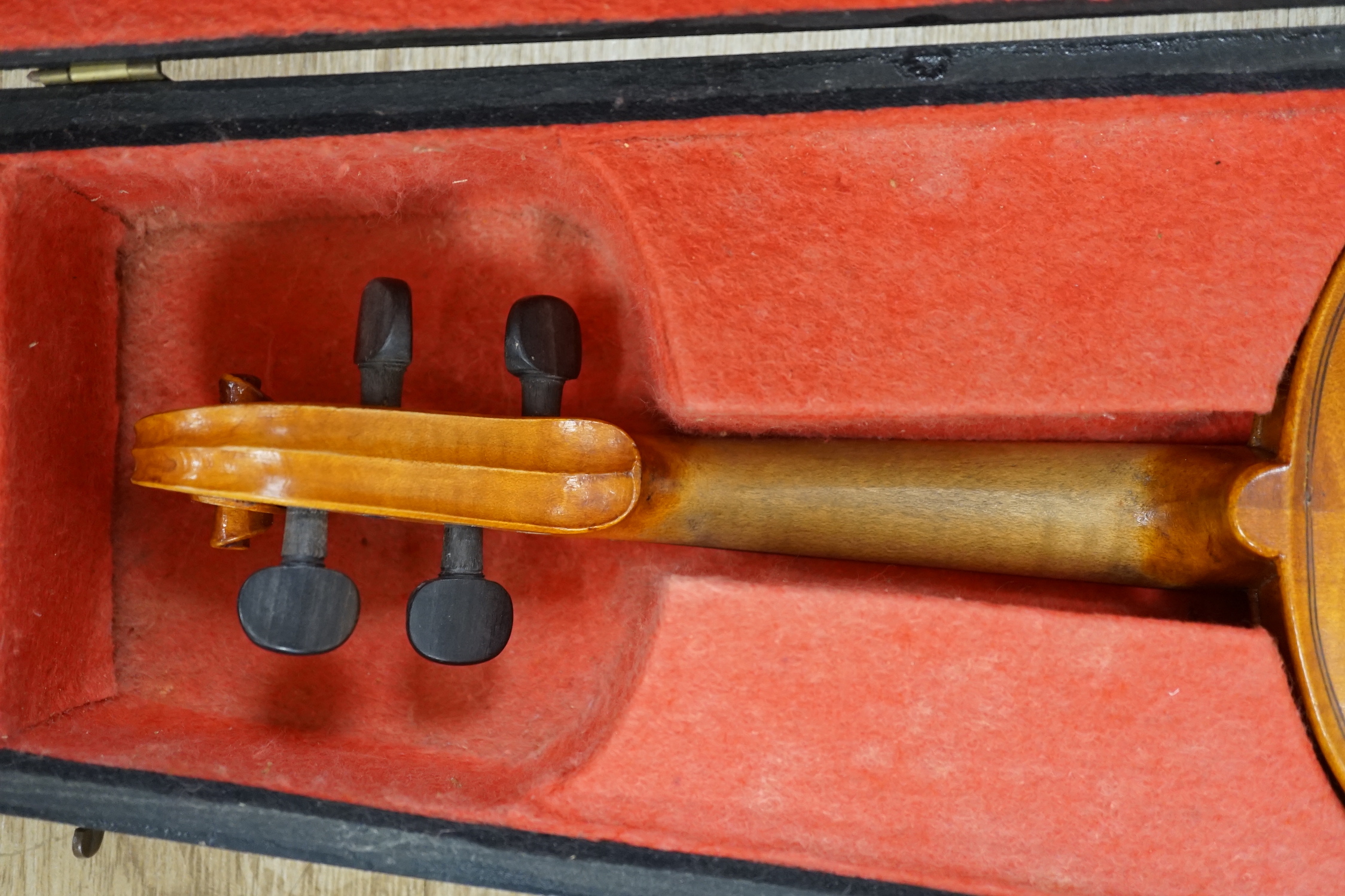 A wooden cased early 20th century French three-quarter size violin by Bonnel Rennes, length of body 33cm, with bow CITES Submission reference HV7BAZUC